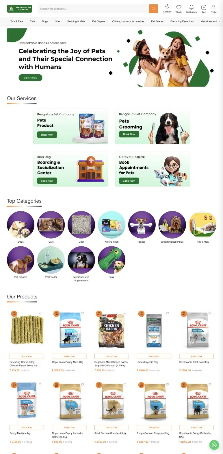 Bengaluru Pet Company live store home page