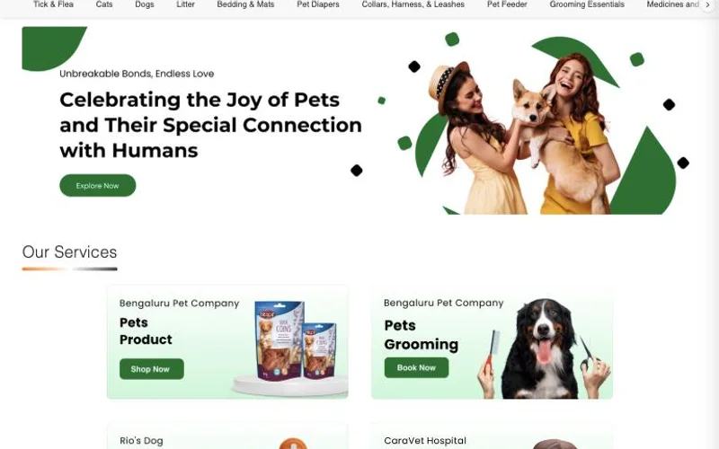 Bengaluru Pet Company online store with pet services, categories and products