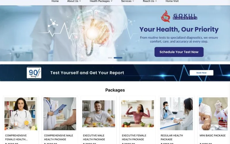 Gokul Diagnostics online store with a health banner and health check packages