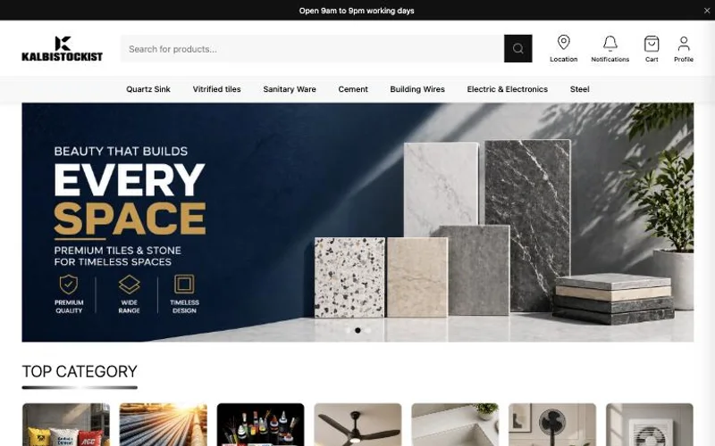 KalbiStockist online store with a tiles banner and building material categories