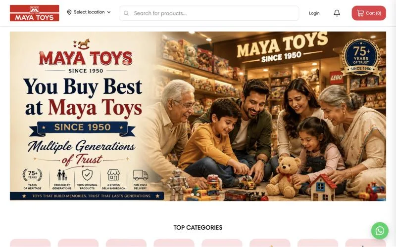 Maya Toys online store with a banner for a toy store in Delhi since 1950