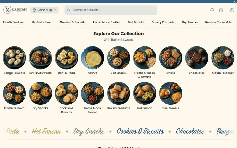 Rashmi Sweets online store with sweets, snacks and bakery categories and products