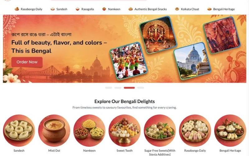 Rasobongo online store with a Bengali banner and sweets and snacks categories