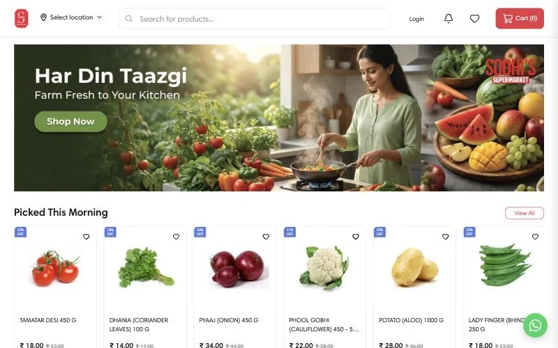 Sodhi's Supermarket online store with a fresh produce banner and vegetables