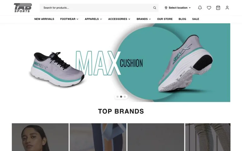 Tab Sports online store with a running shoe banner and top sports brands