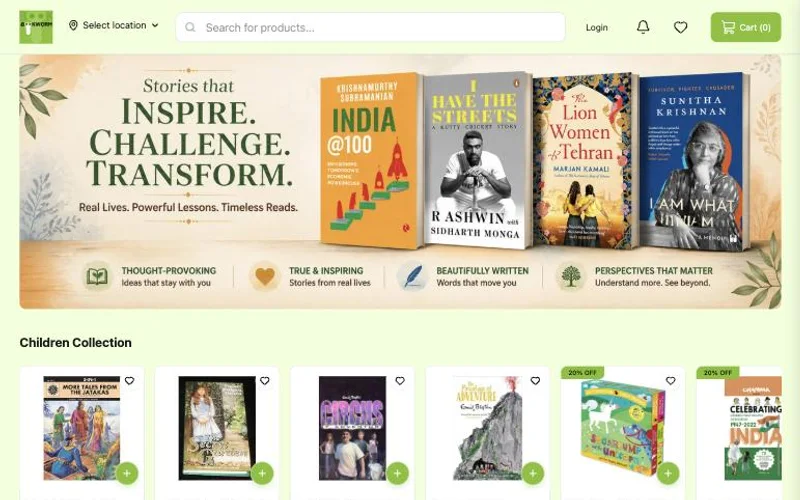 The Bookworm online store with a books banner and a children collection