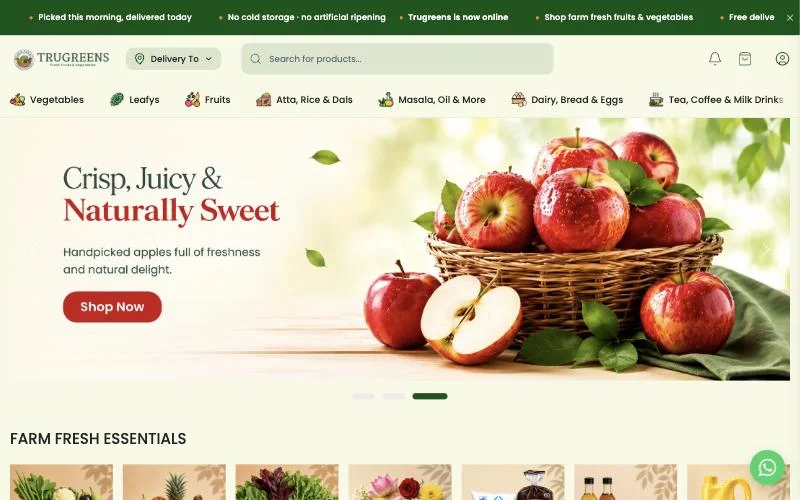 Trugreens online grocery store with a fresh apple banner and product categories